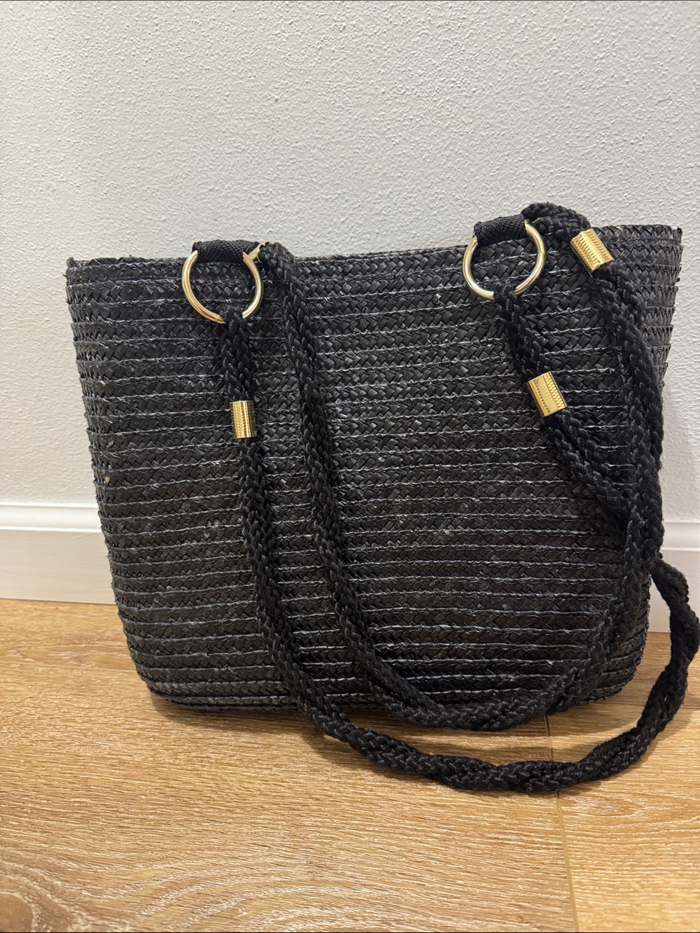 Vintage woven Basket tote Bag with Gold Accents